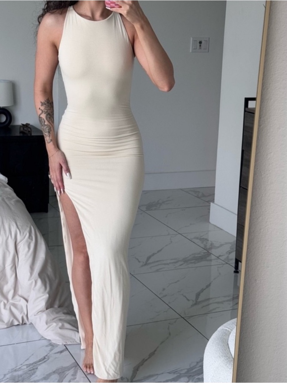 Racer Back Thigh Split Bodycon Cutout Jersey Maxi Dress in Cream sz 4